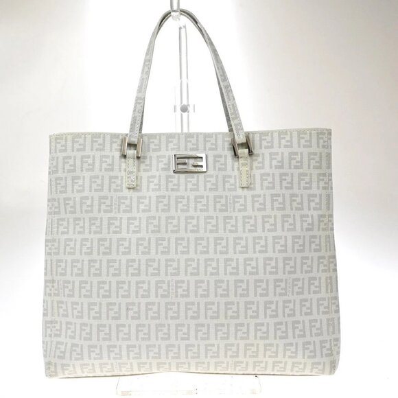 FENDI Zucchino Pattern Hand Tote Bag PVC White Gray Silver Italy 73KP388